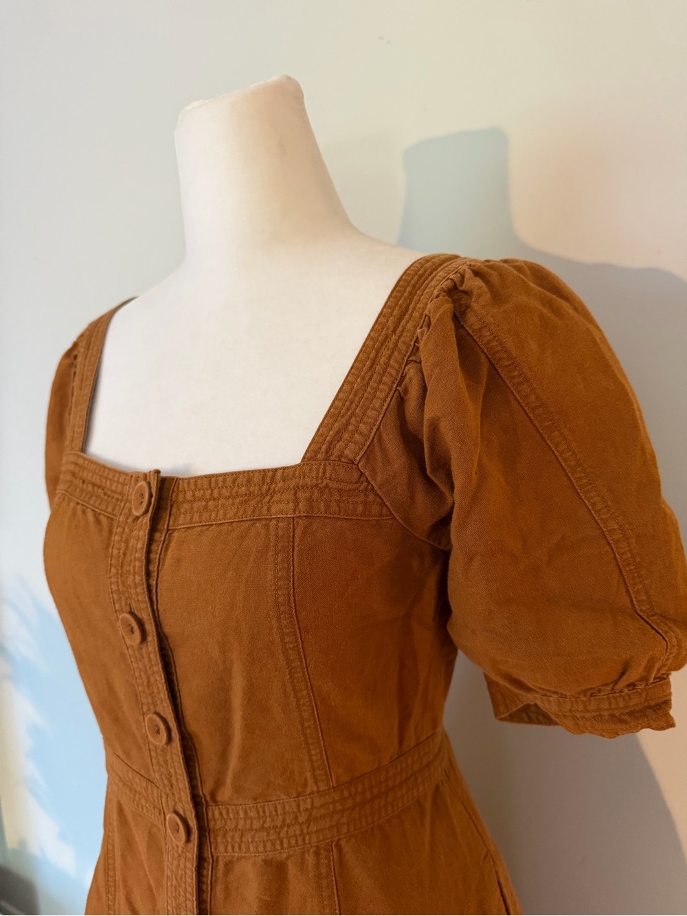 Madewell Seamed Puff-Sleeve Midi Dress Warm Coffee Size 0 Linen Blend - Picture 8 of 15